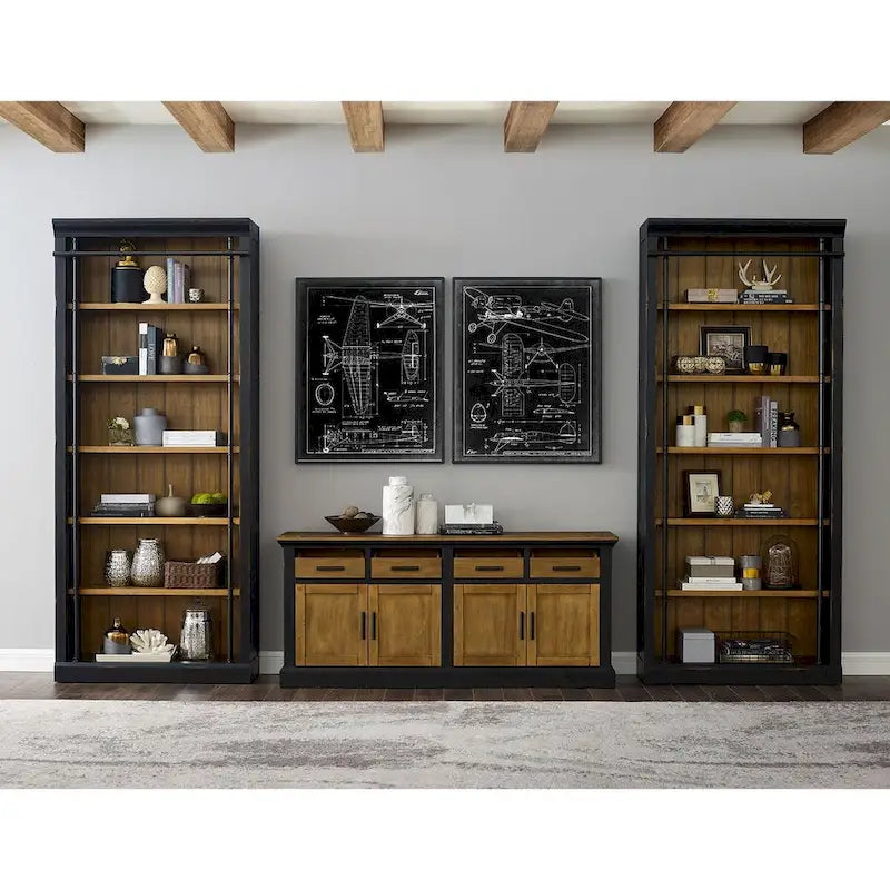 Crédence en bois Toulouse, Console de rangement de bureau, Meuble TV, Noir - 68W x 30H x 18D