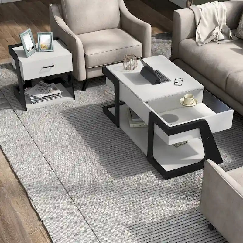 Ensemble de 2 tables basses modernes Denhour DH BASIC à plateau relevable (table basse et table d'appoint), blanc
