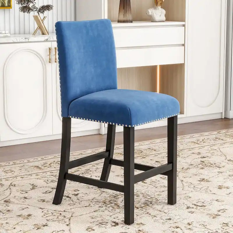 Ensemble de salle à manger 5 pièces à hauteur de comptoir avec une table à manger en faux marbre et quatre chaises rembourrées en velours, bleu