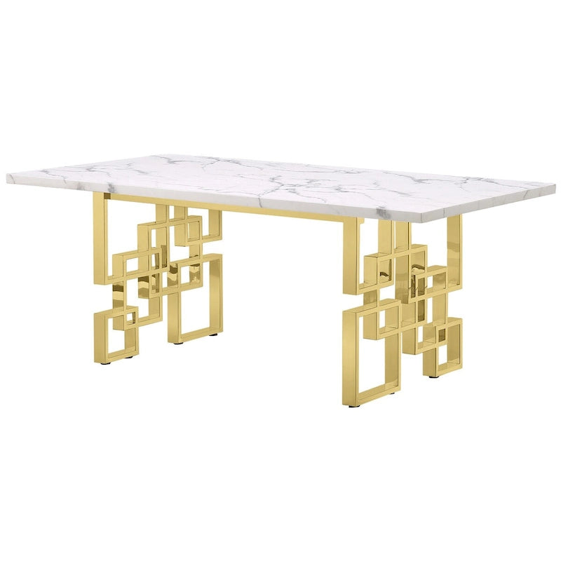 Table à manger de luxe en faux marbre blanc avec plateau de 78 pouces et base en métal
