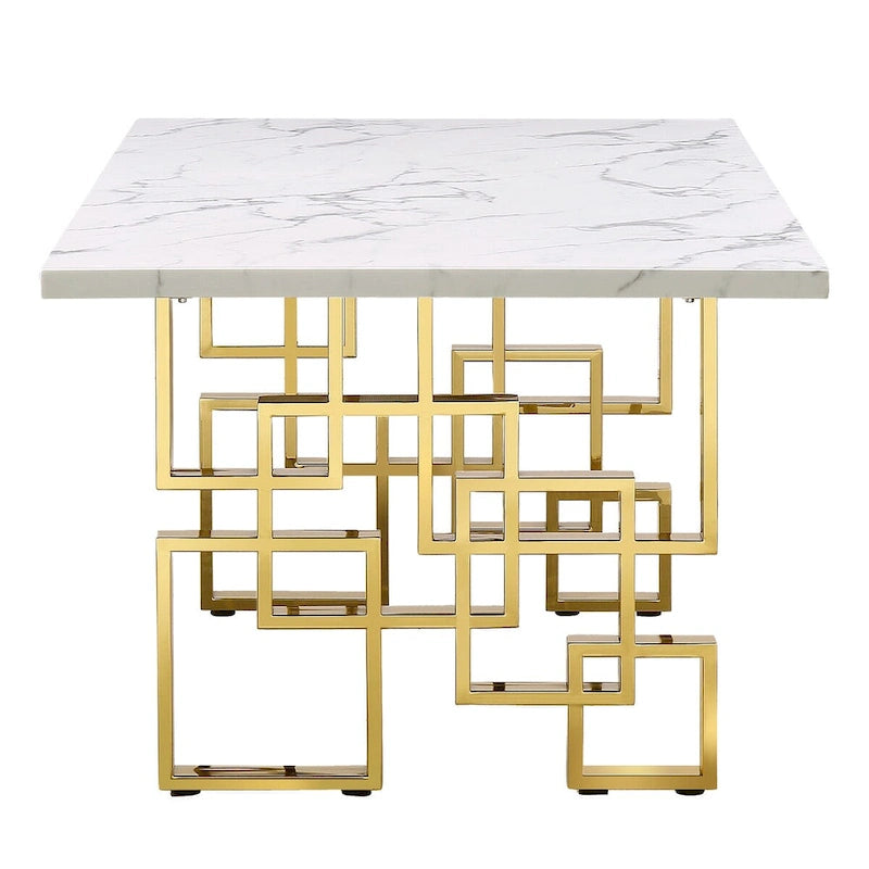 Table à manger de luxe en faux marbre blanc avec plateau de 78 pouces et base en métal