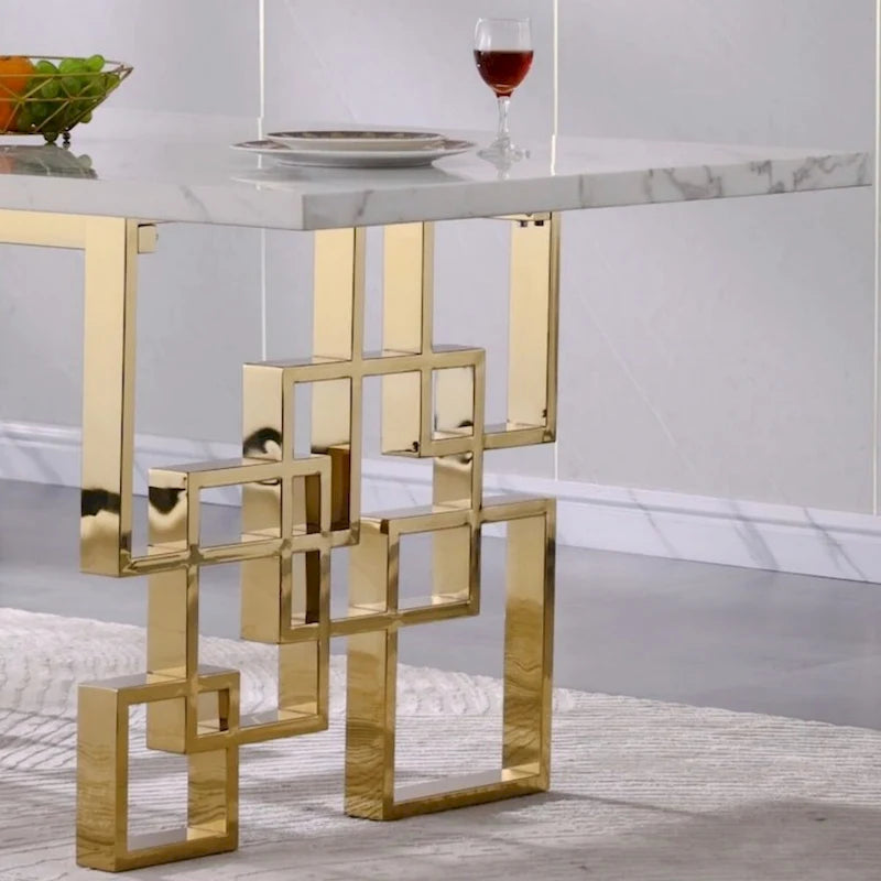 Table à manger de luxe en faux marbre blanc avec plateau de 78 pouces et base en métal