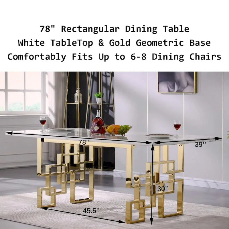 Table à manger de luxe en faux marbre blanc avec plateau de 78 pouces et base en métal