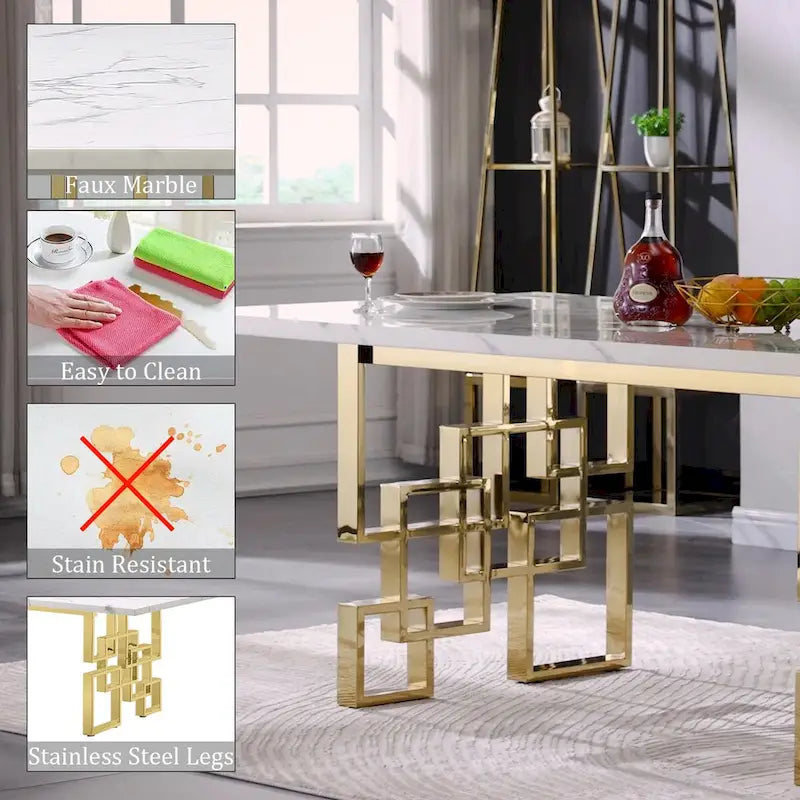 Table à manger de luxe en faux marbre blanc avec plateau de 78 pouces et base en métal