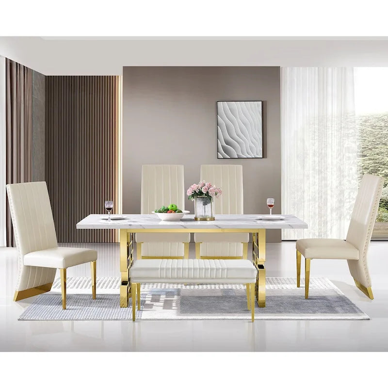 Table à manger de luxe en faux marbre blanc avec plateau de 78 pouces et base en métal