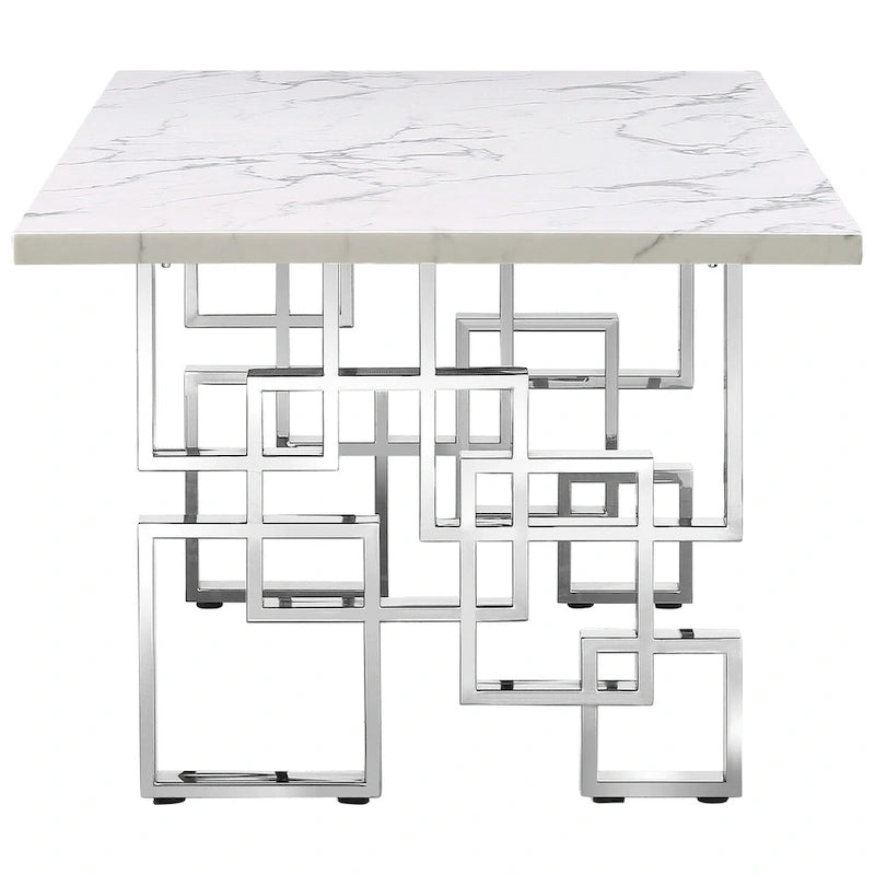 Table à manger de luxe en faux marbre blanc avec plateau de 78 pouces et base en métal