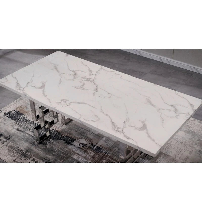 Table à manger de luxe en faux marbre blanc avec plateau de 78 pouces et base en métal