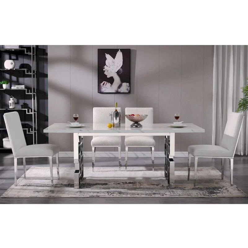 Table à manger de luxe en faux marbre blanc avec plateau de 78 pouces et base en métal