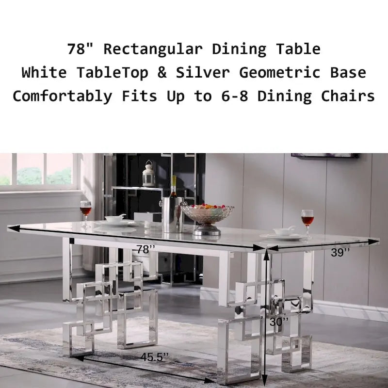 Table à manger de luxe en faux marbre blanc avec plateau de 78 pouces et base en métal