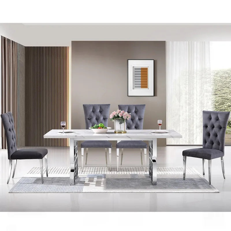 Table à manger de luxe en faux marbre blanc avec plateau de 78 pouces et base en métal