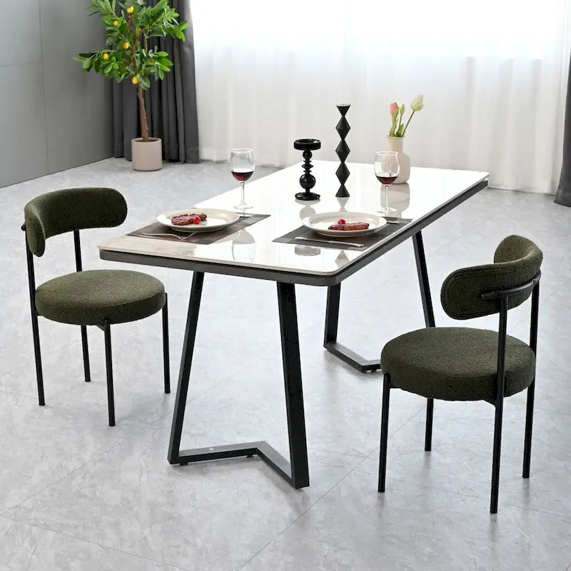 Lot de 2 chaises de salle à manger en tissu bouclette, chaises modernes incurvées avec dossier, chaises de cuisine rembourrées et rondes