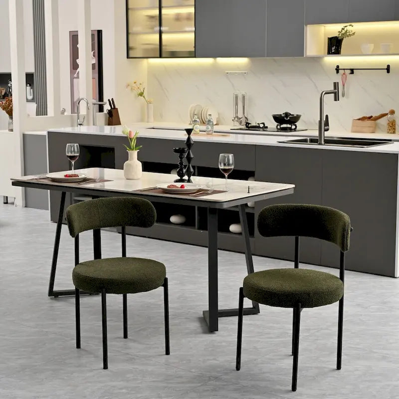Lot de 2 chaises de salle à manger en tissu bouclette, chaises modernes incurvées avec dossier, chaises de cuisine rembourrées et rondes