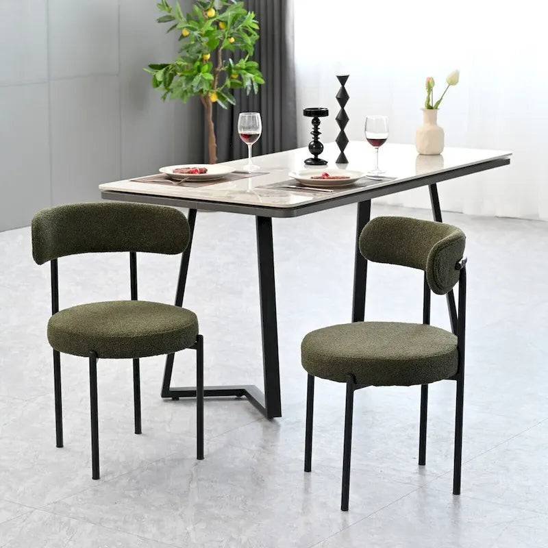 Lot de 2 chaises de salle à manger en tissu bouclette, chaises modernes incurvées avec dossier, chaises de cuisine rembourrées et rondes