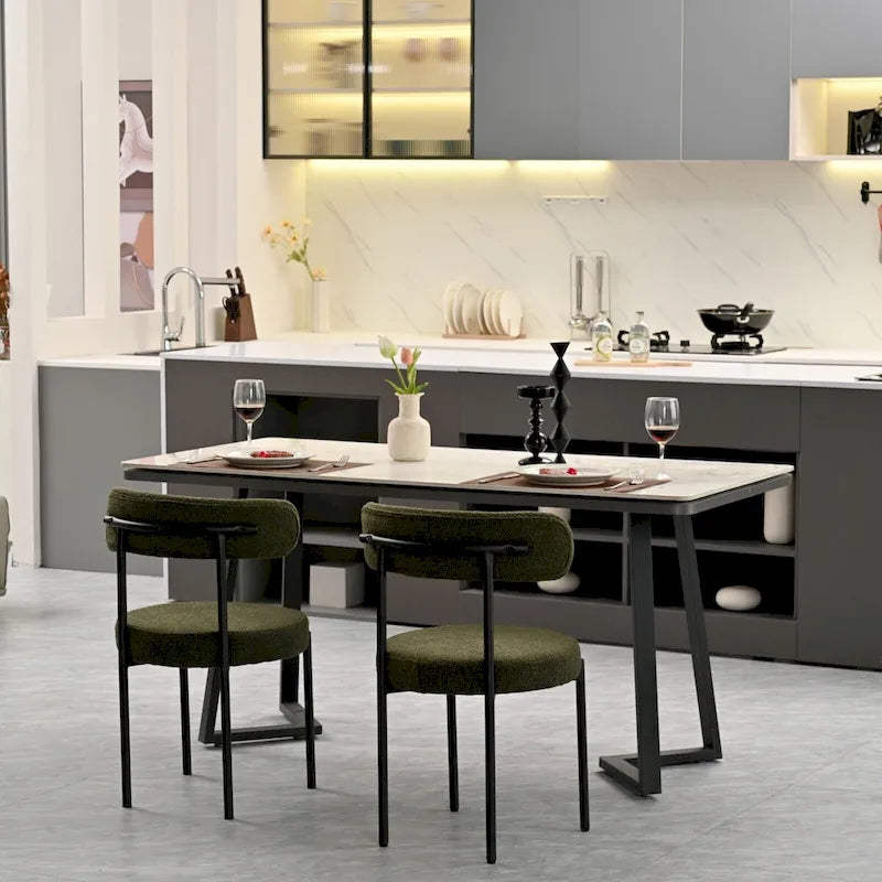 Lot de 2 chaises de salle à manger en tissu bouclette, chaises modernes incurvées avec dossier, chaises de cuisine rembourrées et rondes
