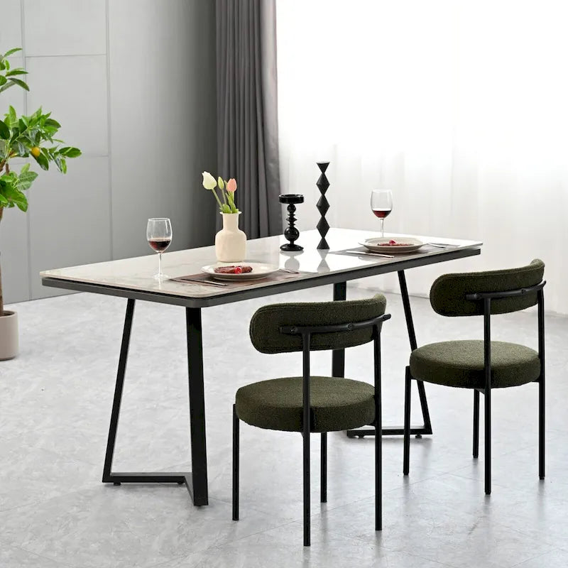 Lot de 2 chaises de salle à manger en tissu bouclette, chaises modernes incurvées avec dossier, chaises de cuisine rembourrées et rondes