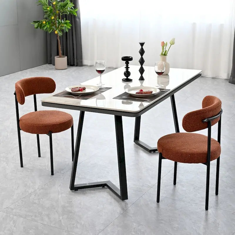 Lot de 2 chaises de salle à manger en tissu bouclette, chaises modernes incurvées avec dossier, chaises de cuisine rembourrées et rondes