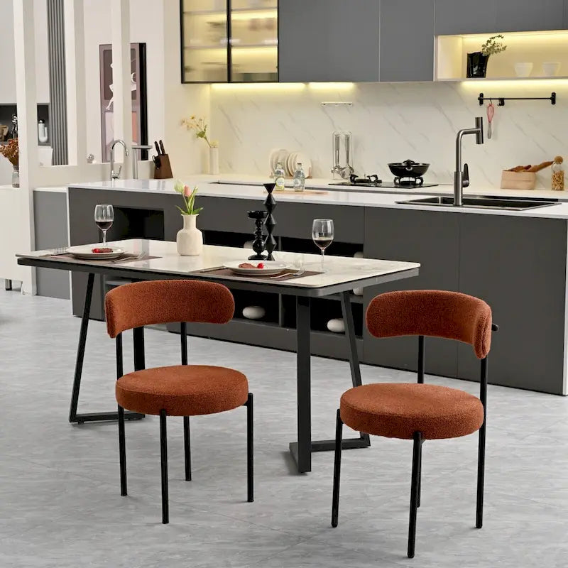 Lot de 2 chaises de salle à manger en tissu bouclette, chaises modernes incurvées avec dossier, chaises de cuisine rembourrées et rondes