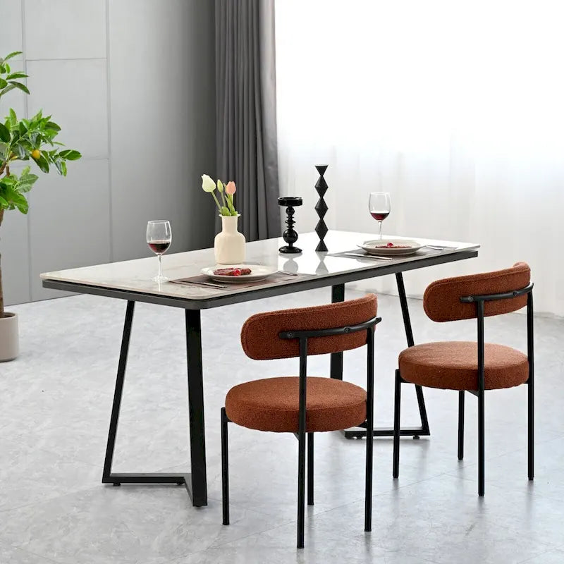 Lot de 2 chaises de salle à manger en tissu bouclette, chaises modernes incurvées avec dossier, chaises de cuisine rembourrées et rondes