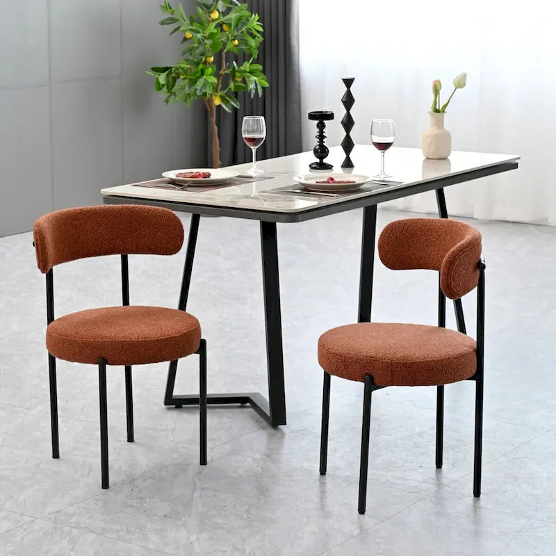 Lot de 2 chaises de salle à manger en tissu bouclette, chaises modernes incurvées avec dossier, chaises de cuisine rembourrées et rondes