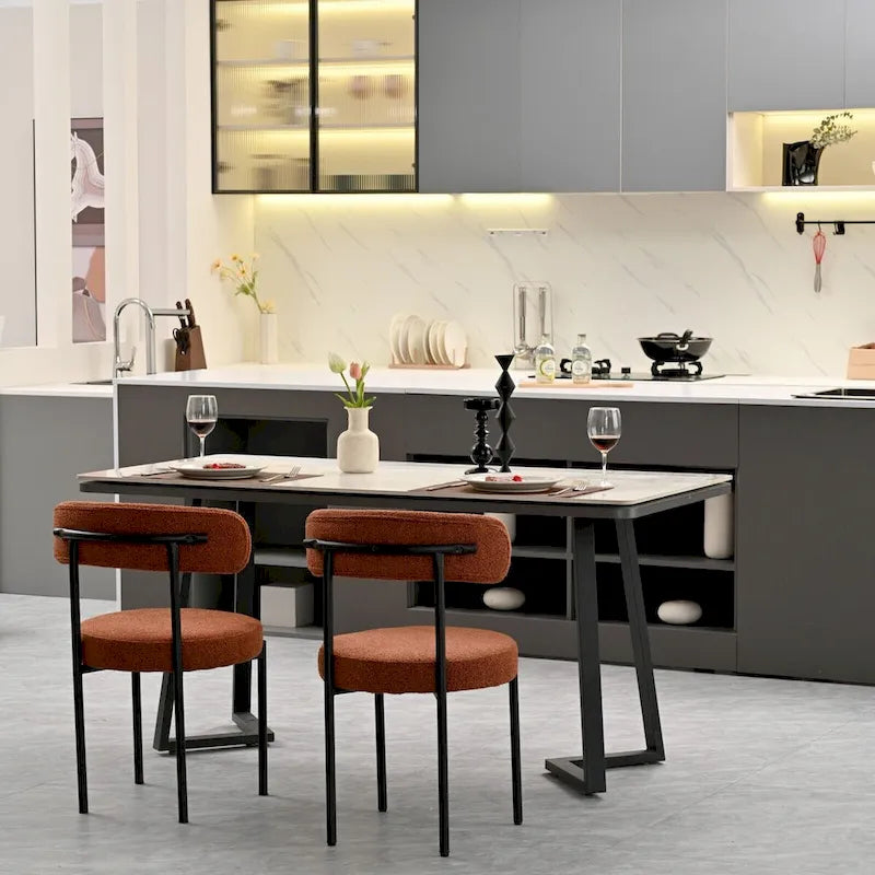 Lot de 2 chaises de salle à manger en tissu bouclette, chaises modernes incurvées avec dossier, chaises de cuisine rembourrées et rondes