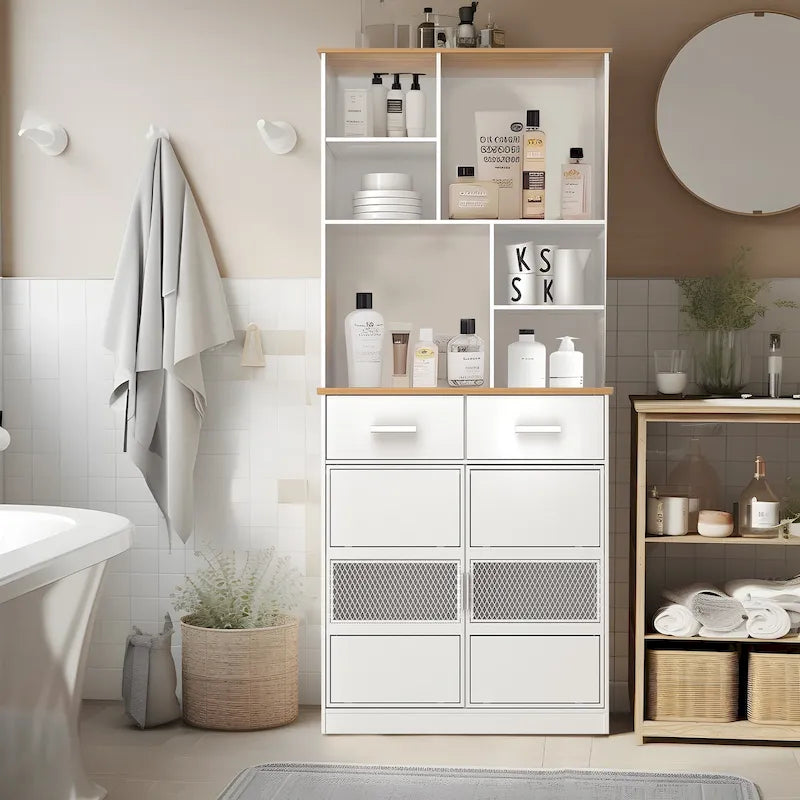 Meuble de rangement haut sur pied de 183 cm pour la cuisine, la salle de bain, le salon, blanc