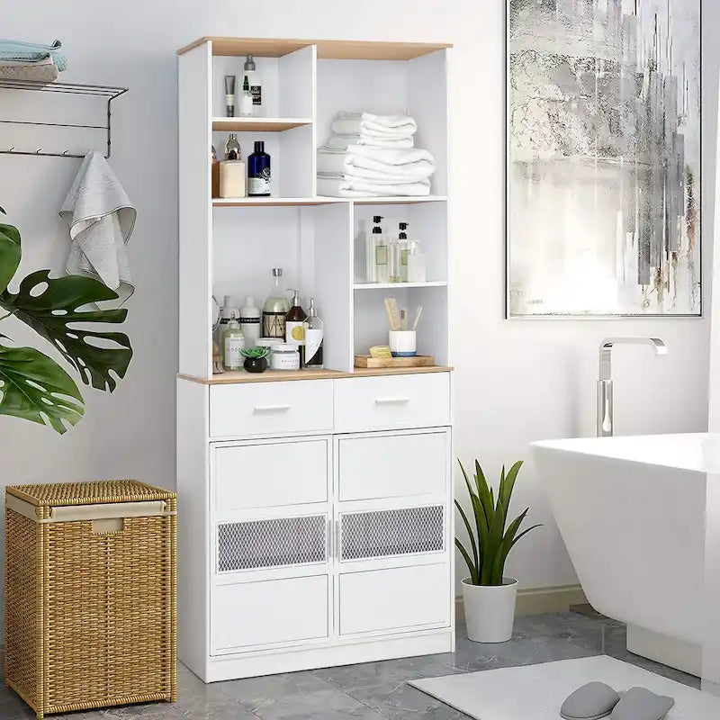 Meuble de rangement haut sur pied de 183 cm pour la cuisine, la salle de bain, le salon, blanc