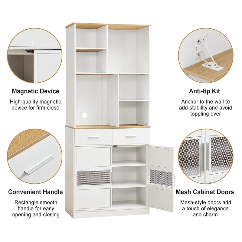 Meuble de rangement haut sur pied de 183 cm pour la cuisine, la salle de bain, le salon, blanc
