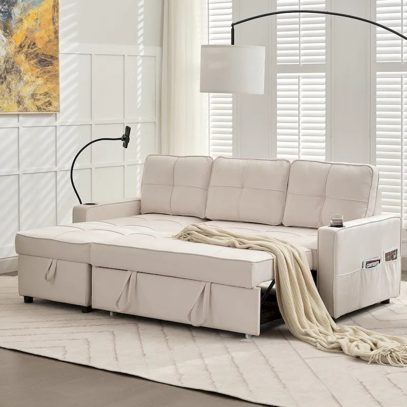 Canapé-lit en lin avec lit gigogne, espace de rangement supplémentaire, support de téléphone et chargeur USB