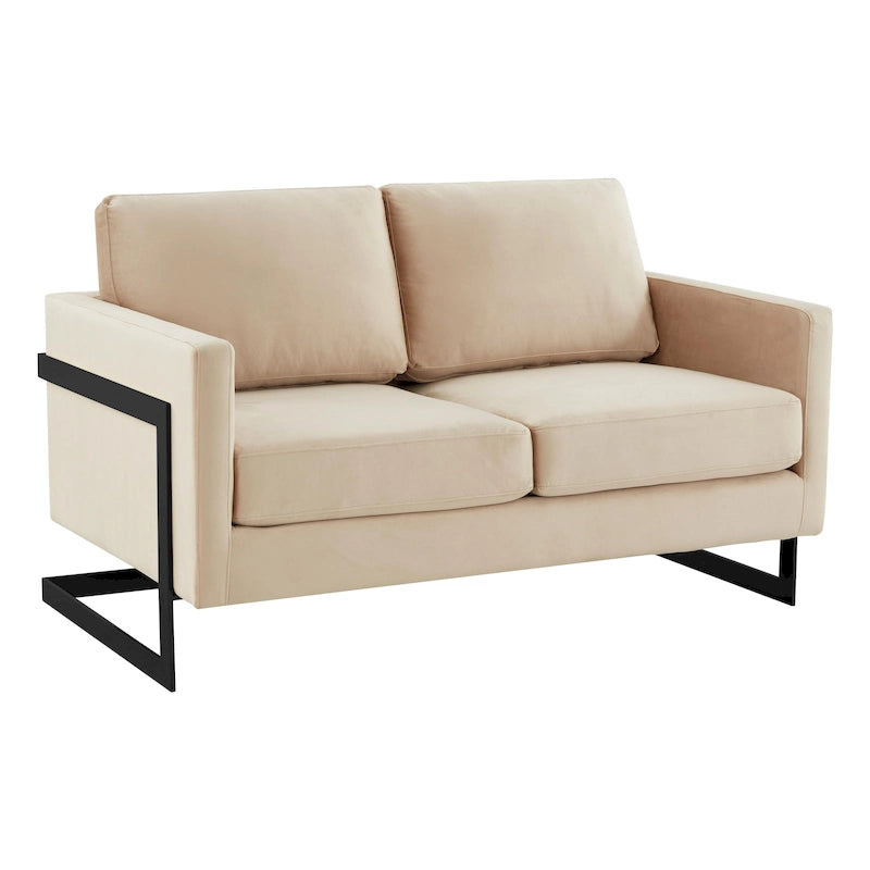 Canapé causeuse rembourré en tissu velours avec coussins amovibles et cadre en acier inoxydable