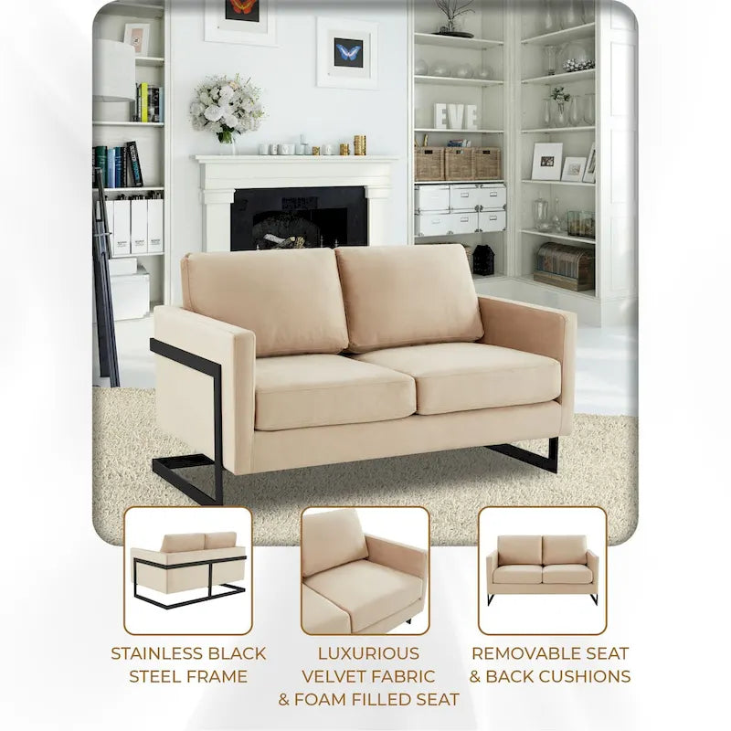 Canapé causeuse rembourré en tissu velours avec coussins amovibles et cadre en acier inoxydable