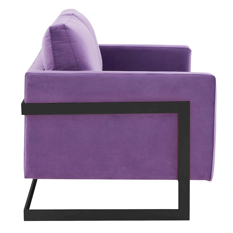 Canapé causeuse rembourré en tissu velours avec coussins amovibles et cadre en acier inoxydable
