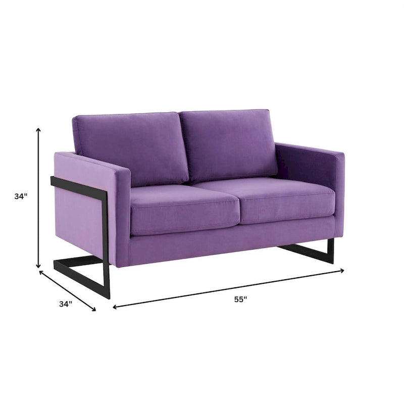 Canapé causeuse rembourré en tissu velours avec coussins amovibles et cadre en acier inoxydable