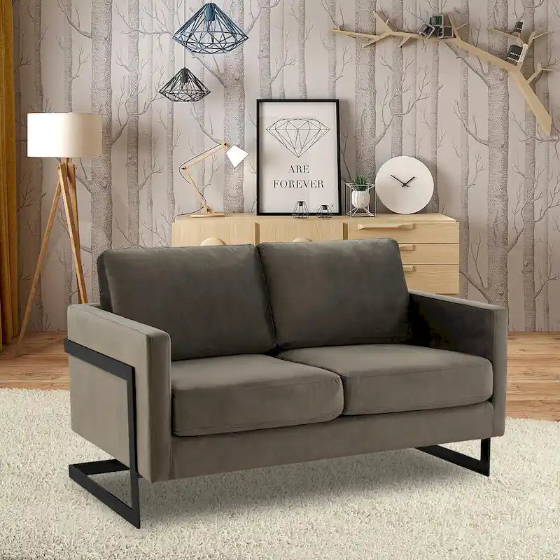 Canapé causeuse rembourré en tissu velours avec coussins amovibles et cadre en acier inoxydable