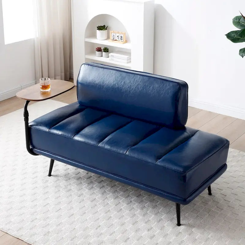 Banc de bout de lit de 56,3 po de large, rembourré en similicuir avec table d'appoint, plateau pivotant à 360 degrés, pouf d'entrée, pieds en métal