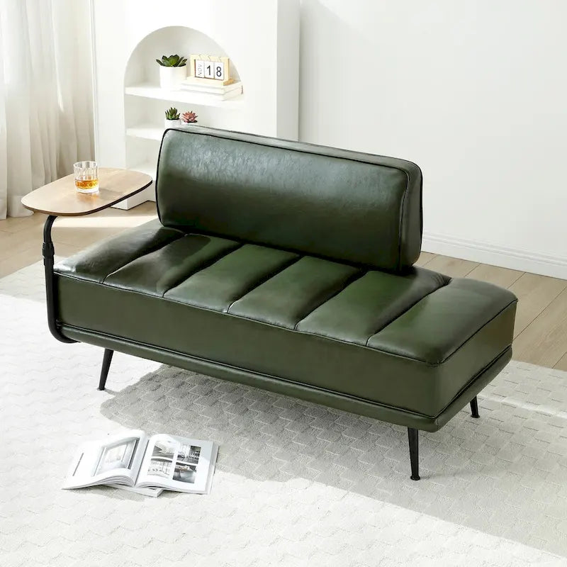Banc de bout de lit de 56,3 po de large, rembourré en similicuir avec table d'appoint, plateau pivotant à 360 degrés, pouf d'entrée, pieds en métal