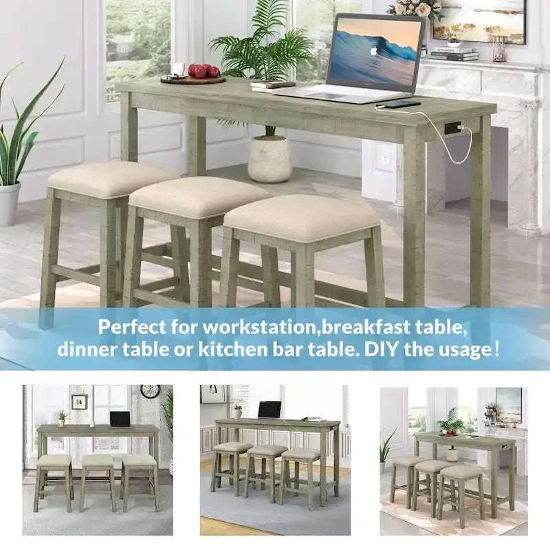 Table hauteur comptoir 4 pièces avec tabourets rembourrés en tissu