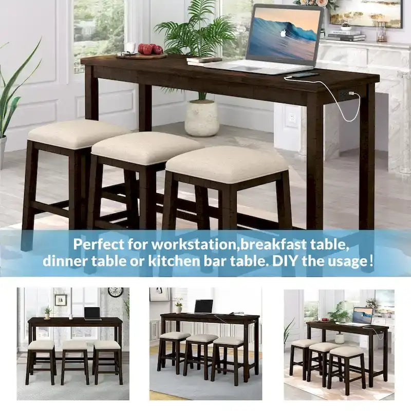 Table hauteur comptoir 4 pièces avec tabourets rembourrés en tissu