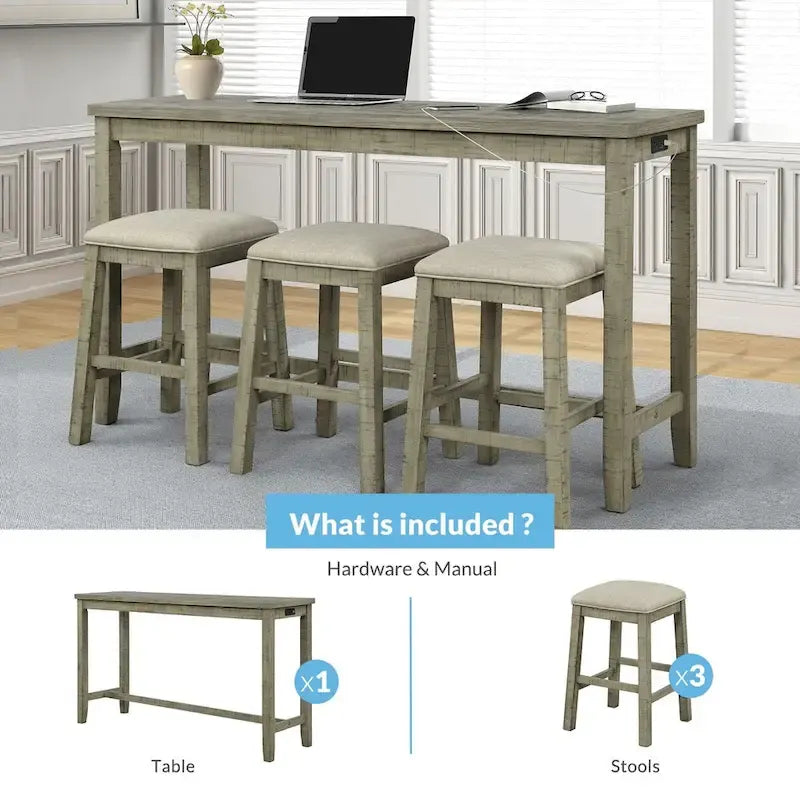Table hauteur comptoir 4 pièces avec tabourets rembourrés en tissu