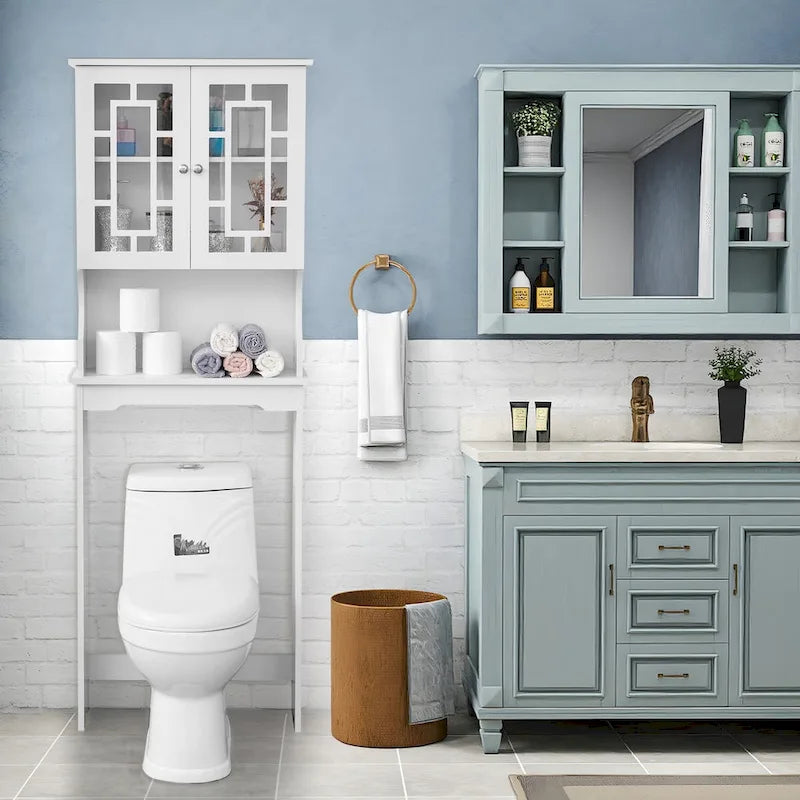 EROMMY Meuble de Rangement Salle de Bain Au-Dessus des Toilettes, Unité en Bois avec 2 Portes en Verre et Étagère Réglable pour Utilisation dans la Salle de Bain