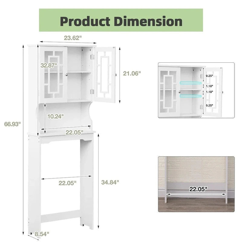 EROMMY Meuble de Rangement Salle de Bain Au-Dessus des Toilettes, Unité en Bois avec 2 Portes en Verre et Étagère Réglable pour Utilisation dans la Salle de Bain