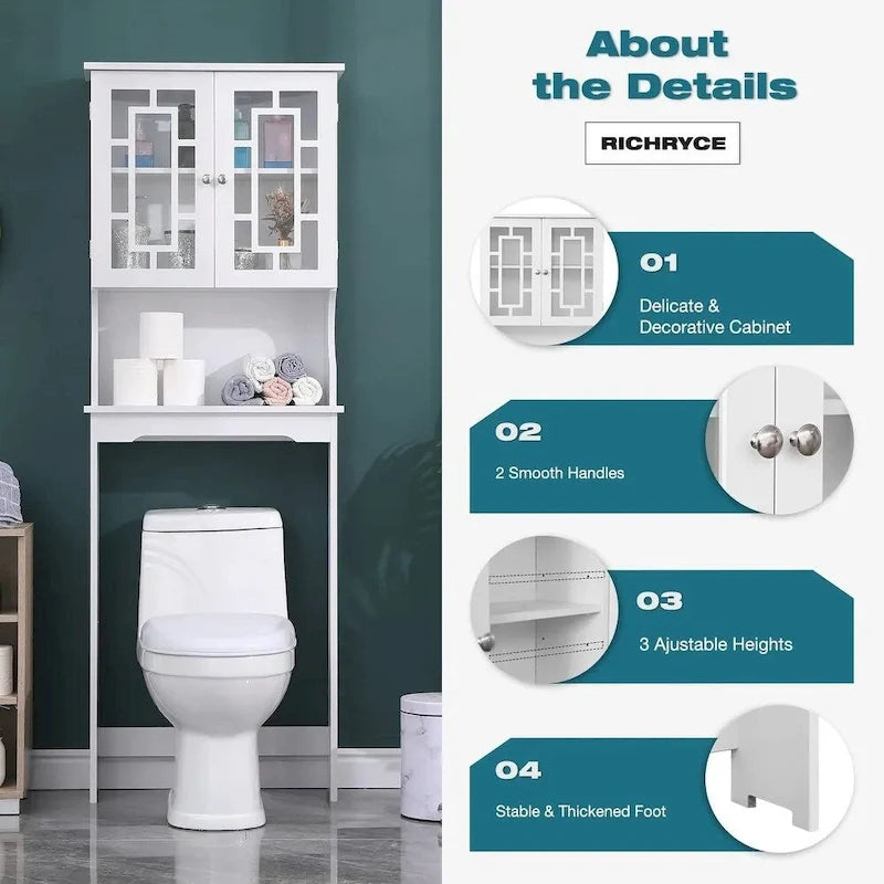 EROMMY Meuble de Rangement Salle de Bain Au-Dessus des Toilettes, Unité en Bois avec 2 Portes en Verre et Étagère Réglable pour Utilisation dans la Salle de Bain