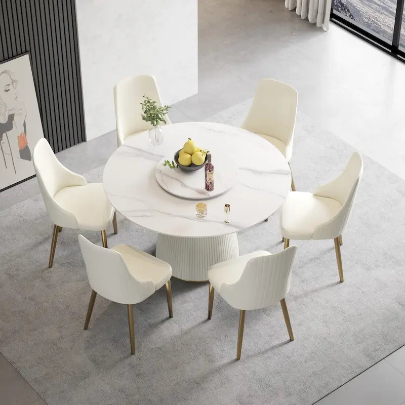 Table de salle à manger ronde de 53 pouces pour 6 personnes avec plateau en pierre frittée et plateau tournant