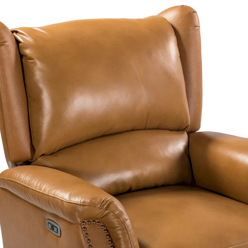 Fauteuil inclinable électrique en cuir véritable avec port USB – Dossier ailé et clous, lot de 2