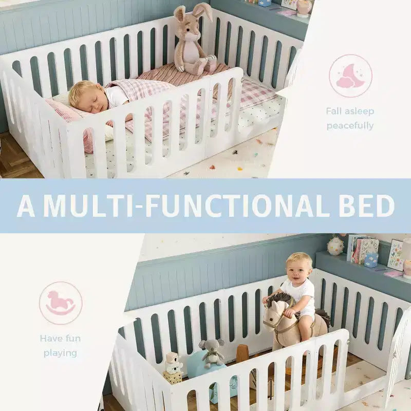 Lit de sol Montessori double blanc avec barrières et porte – Bois massif, 1 enfant