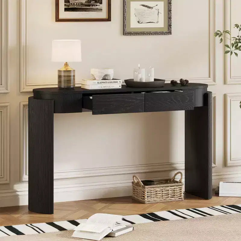 Console Merax moderne avec plateau ovale, pieds cannelés courbés et deux tiroirs dissimulés