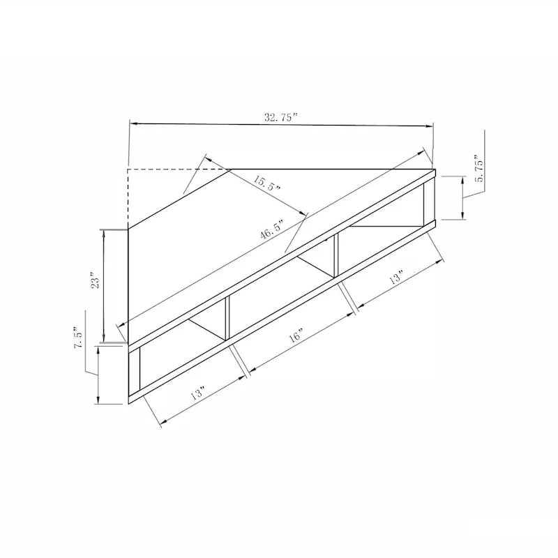 Meuble TV d'angle flottant 47", 3 étagères, style transitionnel, fixation murale peu encombrante