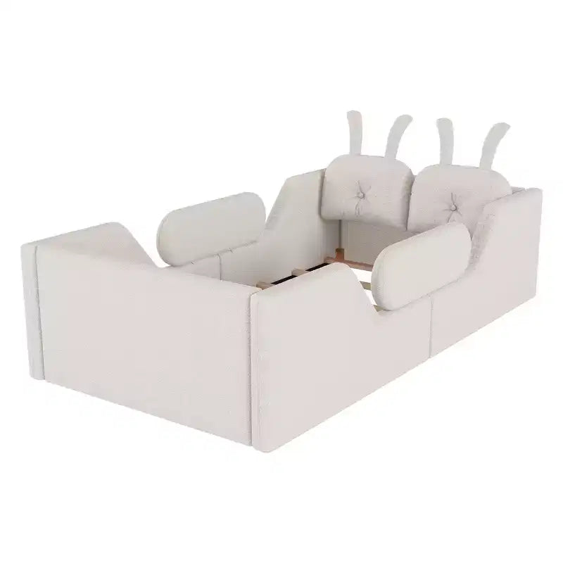 Lit plateforme double Whisen, cadre de lit rembourré pour enfants avec coussin lapin, barrières latérales amovibles