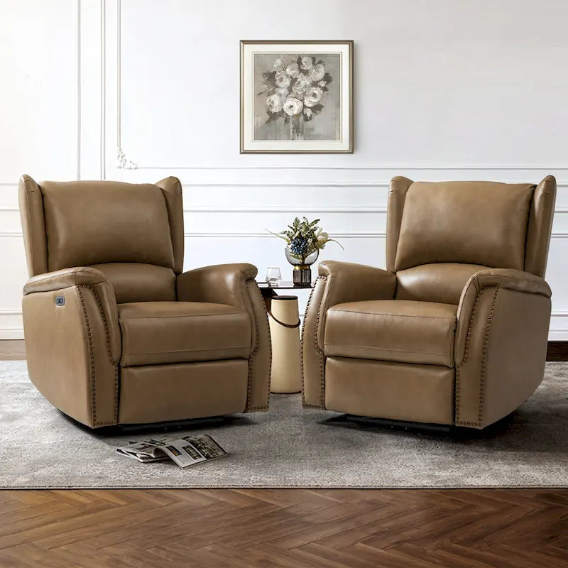 Fauteuil inclinable électrique en cuir véritable avec port USB – Dossier ailé et clous, lot de 2