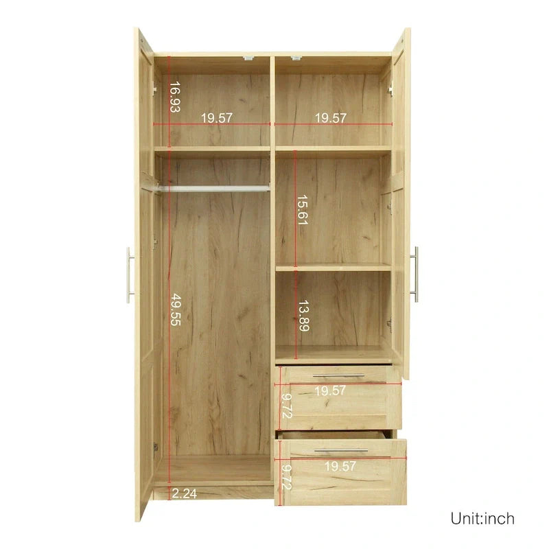 Armoire de rangement en bois blanc avec portes, tiroirs et tringle à vêtements