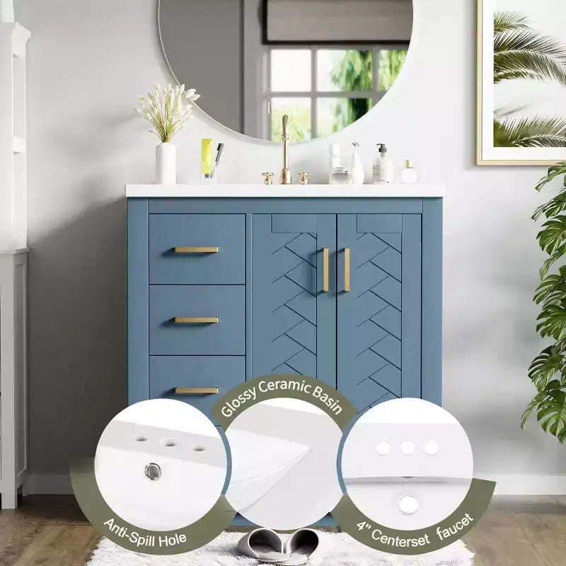 Meuble-lavabo simple de 76 cm avec armoire et 3 tiroirs – Noir / Bleu / Vert / Indigo / Blanc